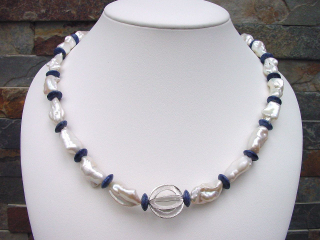Baroque Pearl necklace with Sodalite & Silver