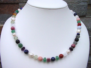 Multicolor gemstone necklace with pearls & silver