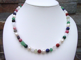 Multicolor gemstone necklace with pearls & silver