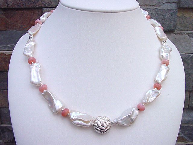 Baroque Pearl necklace with pink Opal & Silver